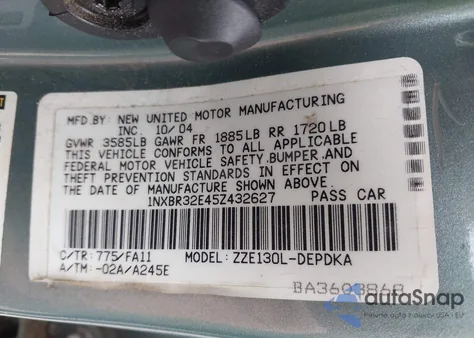 2005 Toyota Corolla Ce z USA, uszkodzony, nr VIN 1NXBR32E45Z432627